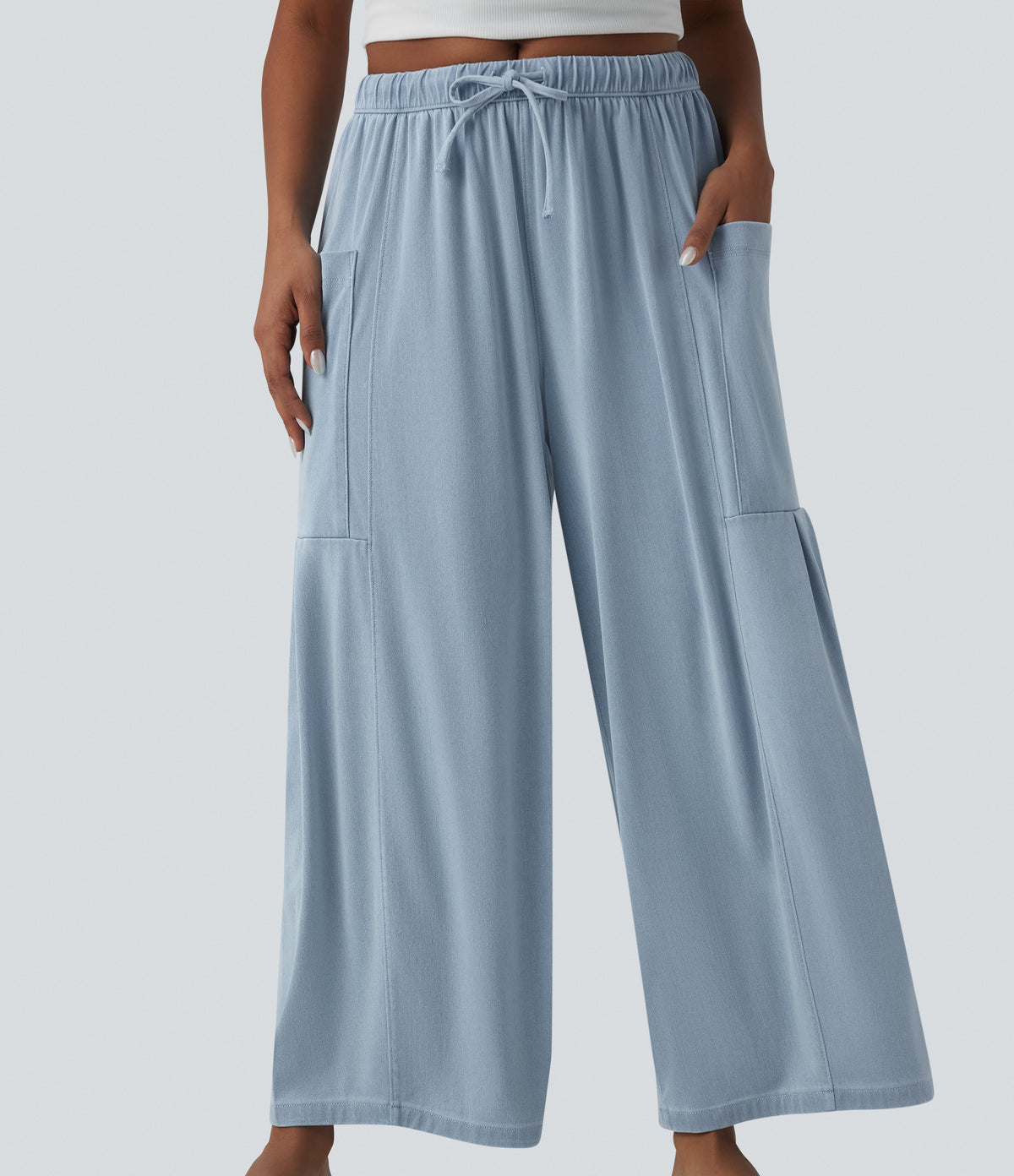 Mid Rise Drawstring Wide Leg Draped Lyocell Casual Jeans with Pockets — Malibu Blue Denim — view 4
