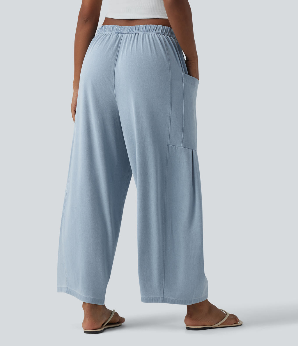 Mid Rise Drawstring Wide Leg Draped Lyocell Casual Jeans with Pockets — Malibu Blue Denim — view 2