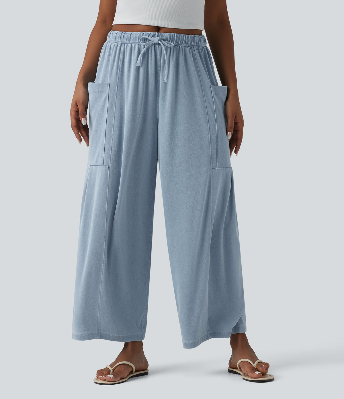 Mid Rise Drawstring Wide Leg Draped Lyocell Casual Jeans with Pockets — Malibu Blue Denim — view 1