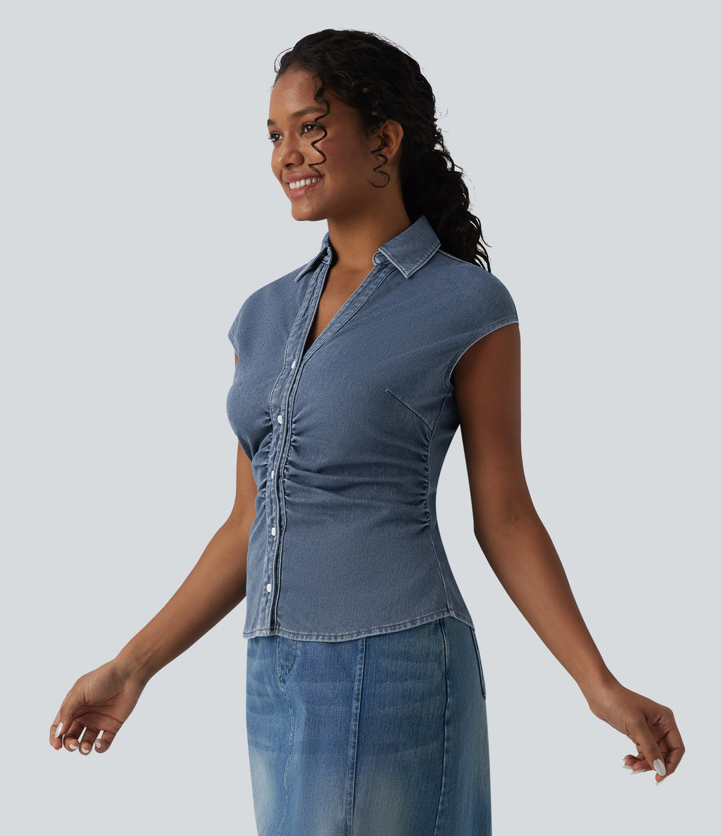 V Neck Sleeveless Denim Casual Shirt — Tide Blue Denim — view 3
