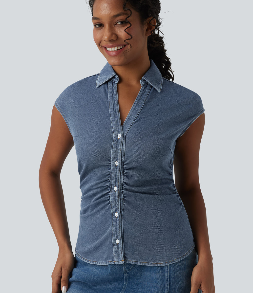 V Neck Sleeveless Denim Casual Shirt — Tide Blue Denim — view 1