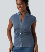 V Neck Sleeveless Denim Casual Shirt — Tide Blue Denim — view 1