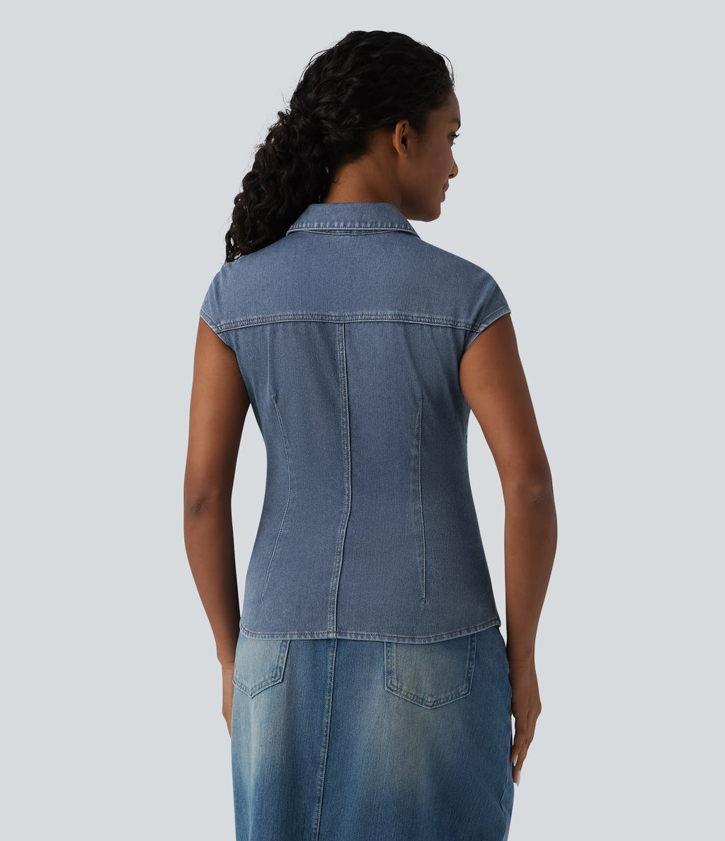 V Neck Sleeveless Denim Casual Shirt — Tide Blue Denim — view 2