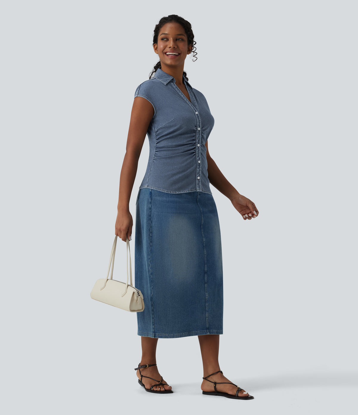 V Neck Sleeveless Denim Casual Shirt — Tide Blue Denim — view 5