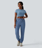 Mid Rise Denim Casual Joggers with Pockets — Tide Blue Denim — view 7