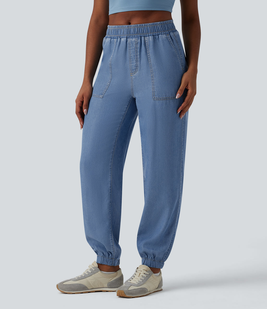 Mid Rise Denim Casual Joggers with Pockets — Tide Blue Denim — view 3