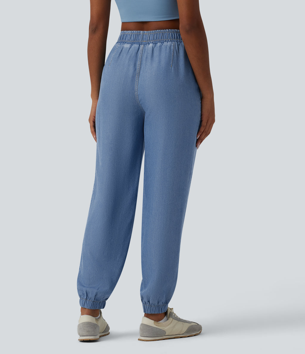 Mid Rise Denim Casual Joggers with Pockets — Tide Blue Denim — view 2
