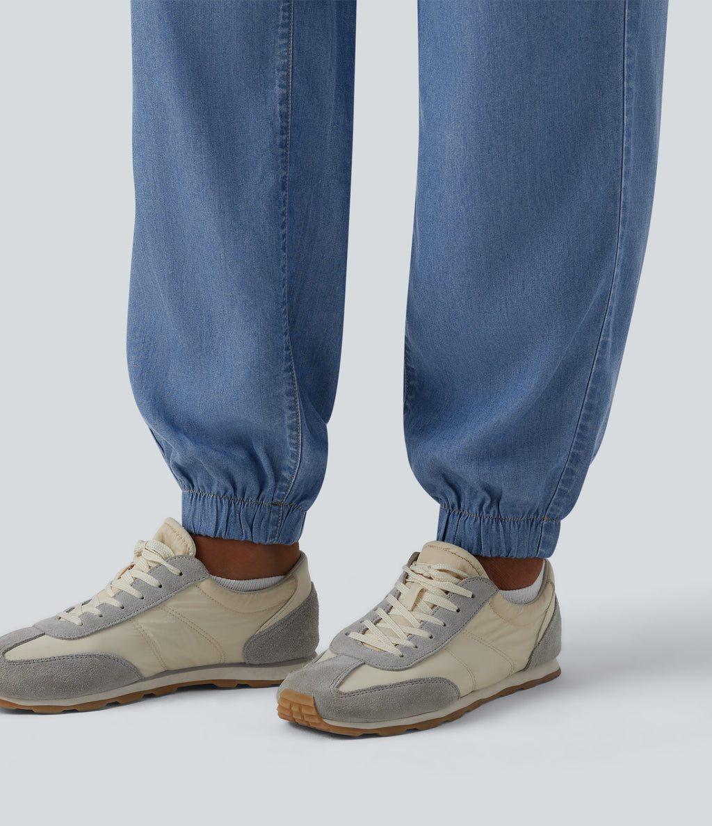 Mid Rise Denim Casual Joggers with Pockets — Tide Blue Denim — view 6