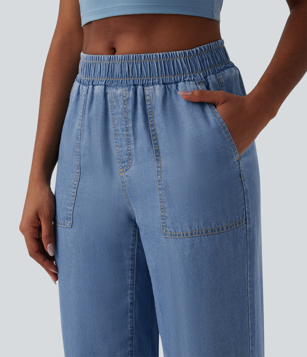 Mid Rise Denim Casual Joggers with Pockets — Tide Blue Denim — view 5