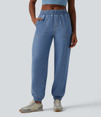 Mid Rise Denim Casual Joggers with Pockets — Tide Blue Denim — view 1