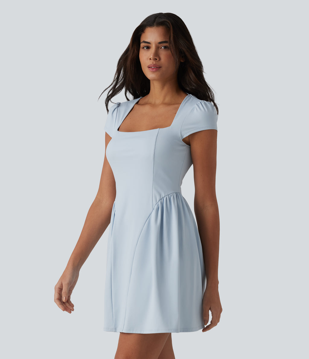 Square Neck Short Sleeve Built-in Bra Mini Casual Dress — Winter Sky — view 3
