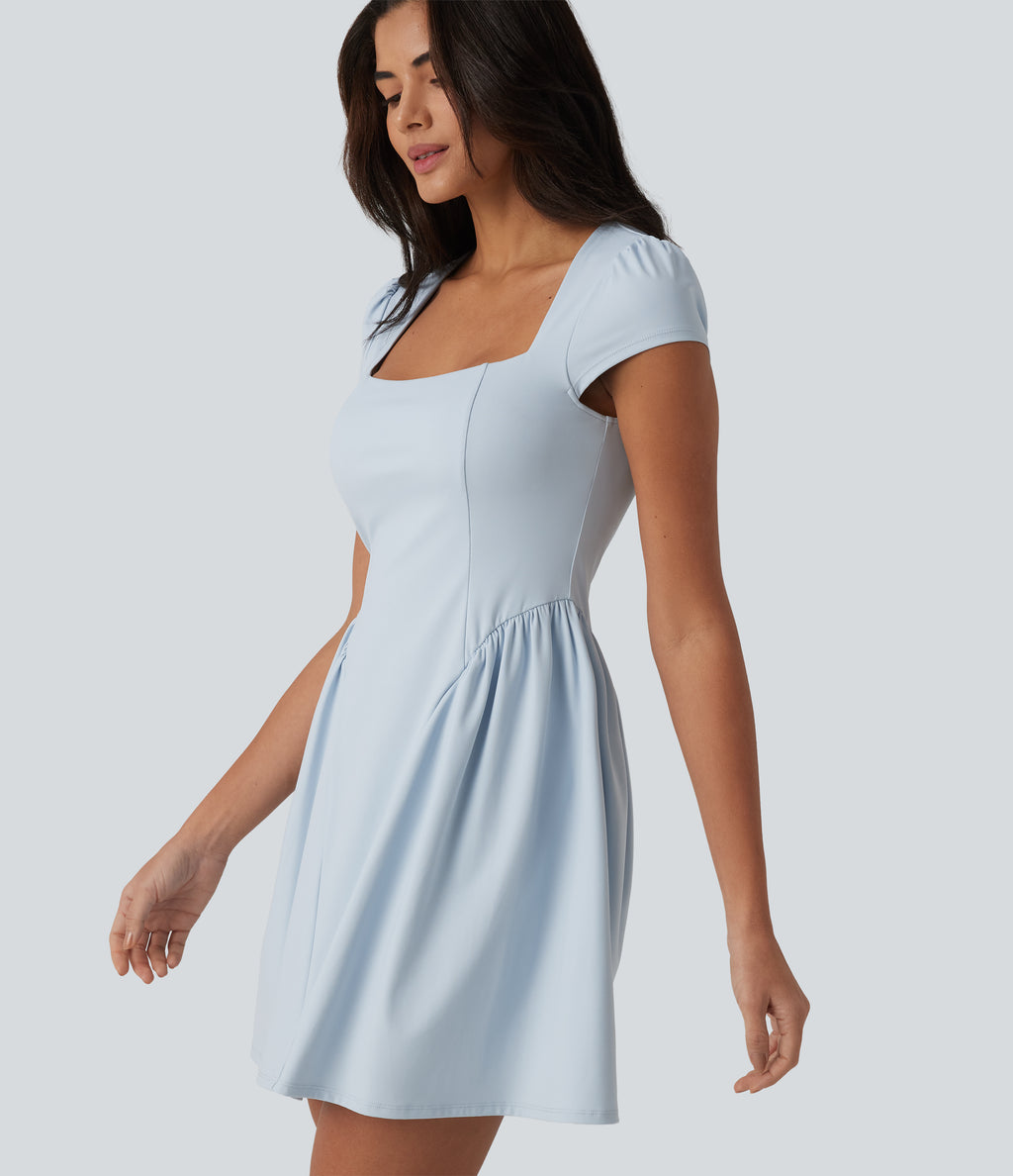 Square Neck Short Sleeve Built-in Bra Mini Casual Dress — Winter Sky — view 5