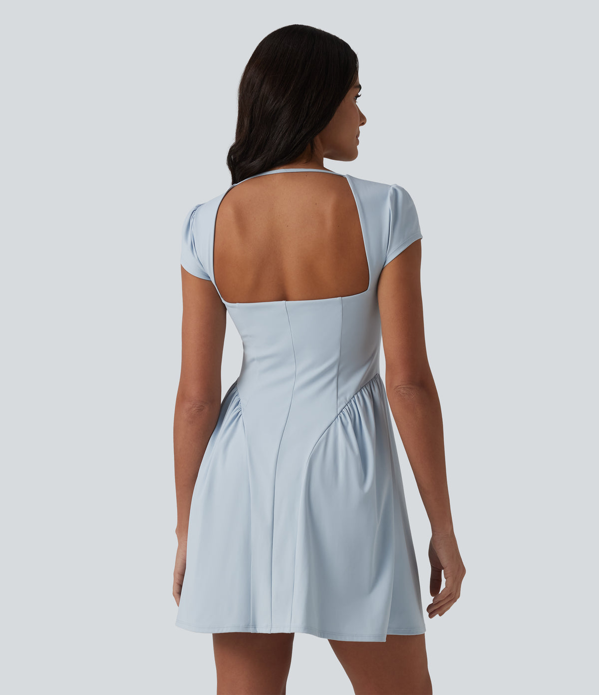 Square Neck Short Sleeve Built-in Bra Mini Casual Dress — Winter Sky — view 2