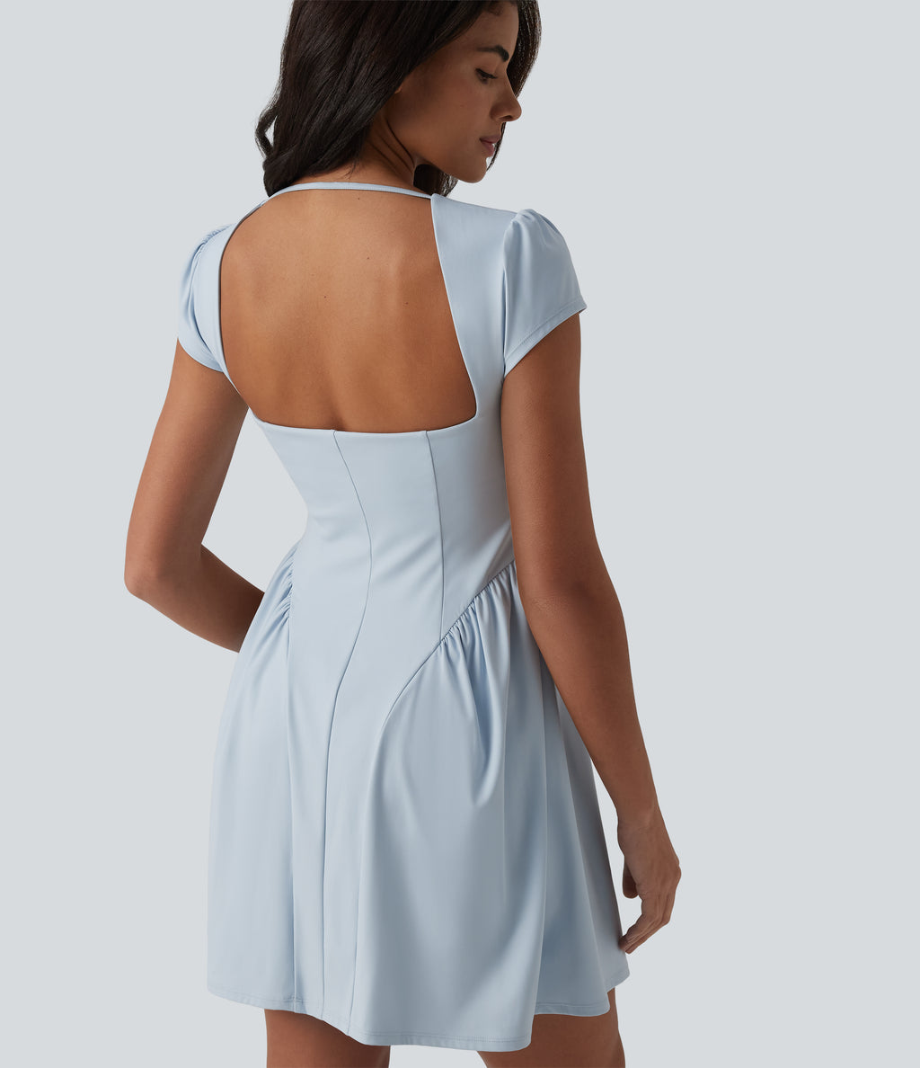 Square Neck Short Sleeve Built-in Bra Mini Casual Dress — Winter Sky — view 4