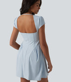 Square Neck Short Sleeve Built-in Bra Mini Casual Dress — Winter Sky — view 4