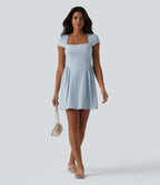Square Neck Short Sleeve Built-in Bra Mini Casual Dress — Winter Sky — view 6