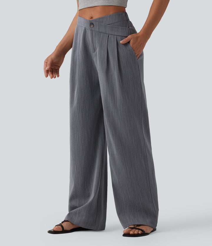 Asymmetric Mid Rise Pleated Casual Linen-Feel Baggy Trousers with Pockets — Obsidian Weave — view 1