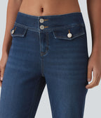Low Rise Draped Lyocell Washed Casual Flare Jeans with Pockets — Pageant Blue Denim — view 4