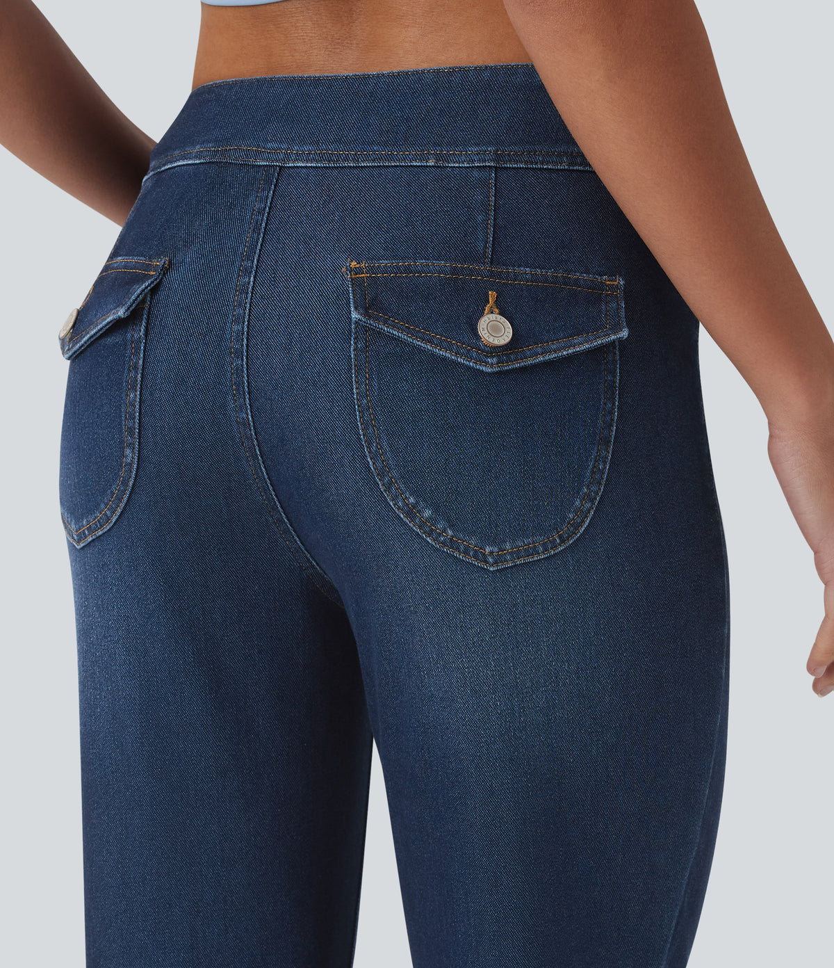 Low Rise Draped Lyocell Washed Casual Flare Jeans with Pockets — Pageant Blue Denim — view 5
