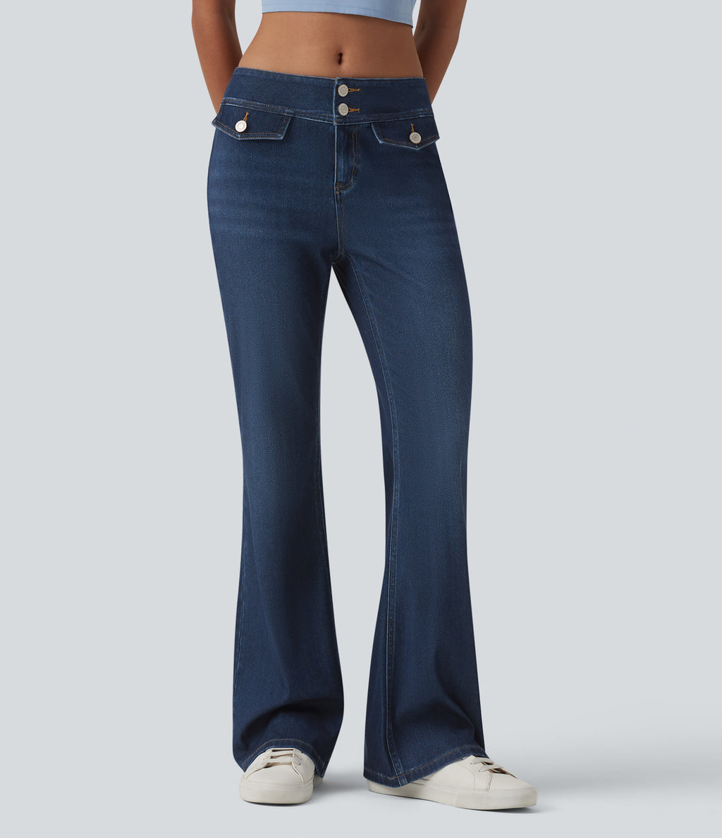 Low Rise Draped Lyocell Washed Casual Flare Jeans with Pockets — Pageant Blue Denim — view 3