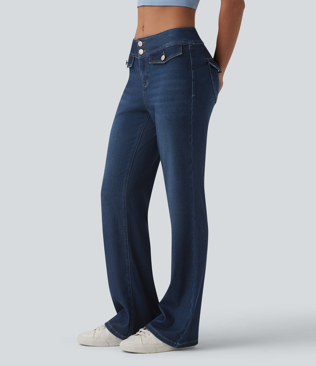 Low Rise Draped Lyocell Washed Casual Flare Jeans with Pockets — Pageant Blue Denim — view 1