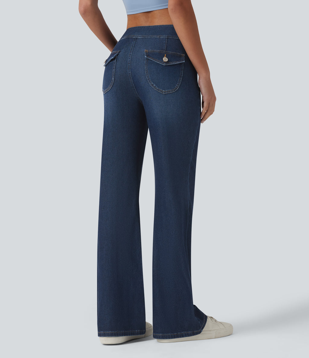 Low Rise Draped Lyocell Washed Casual Flare Jeans with Pockets — Pageant Blue Denim — view 2