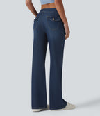 Low Rise Draped Lyocell Washed Casual Flare Jeans with Pockets — Pageant Blue Denim — view 2