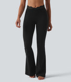 V-Shaped High Waisted Contrast Lace Yoga Flare Leggings with Pockets — Black — view 3