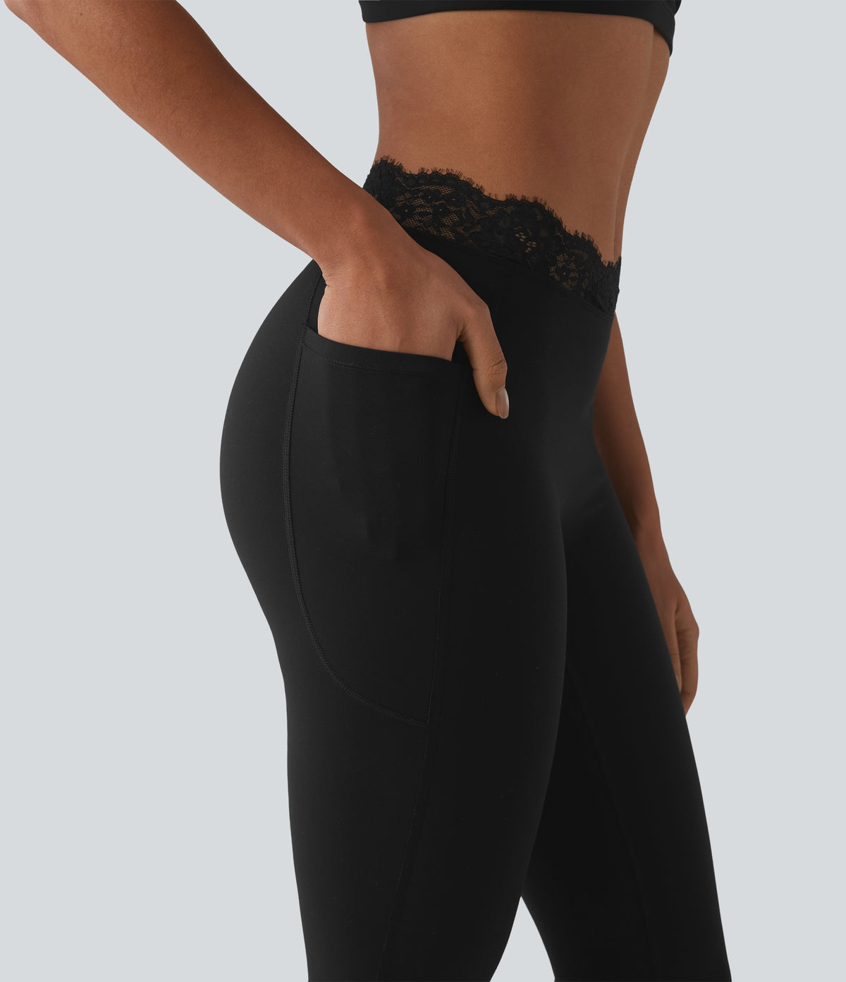 V-Shaped High Waisted Contrast Lace Yoga Flare Leggings with Pockets — Black — view 7