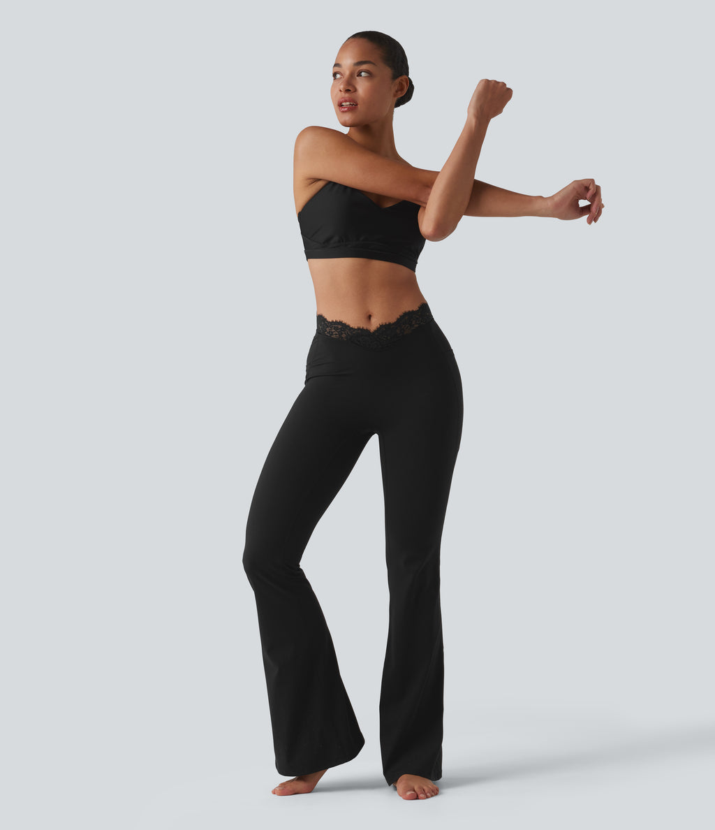 V-Shaped High Waisted Contrast Lace Yoga Flare Leggings with Pockets — Black — view 4