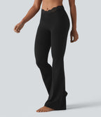 V-Shaped High Waisted Contrast Lace Yoga Flare Leggings with Pockets — Black — view 1