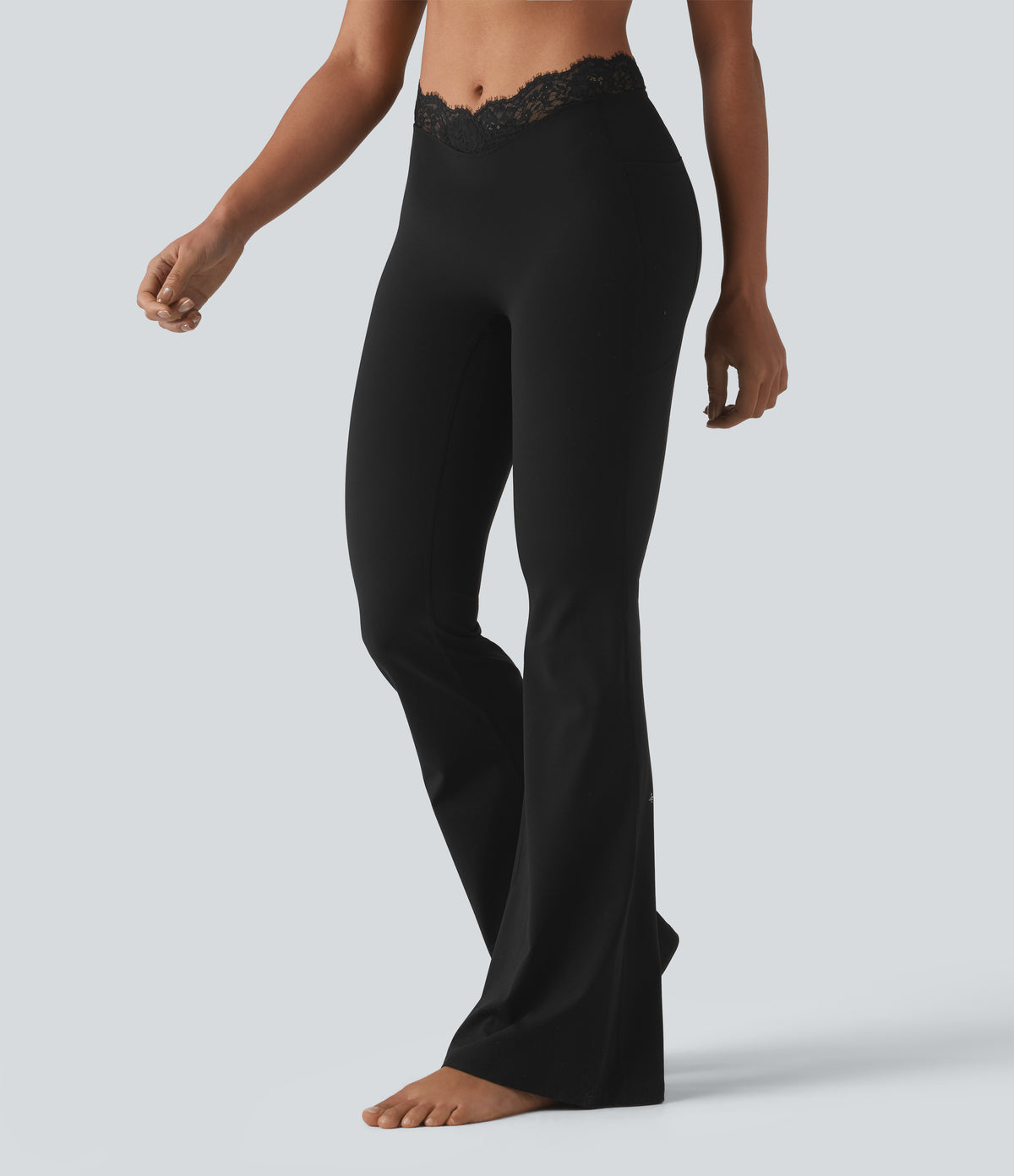 V-Shaped High Waisted Contrast Lace Yoga Flare Leggings with Pockets — Black — view 1