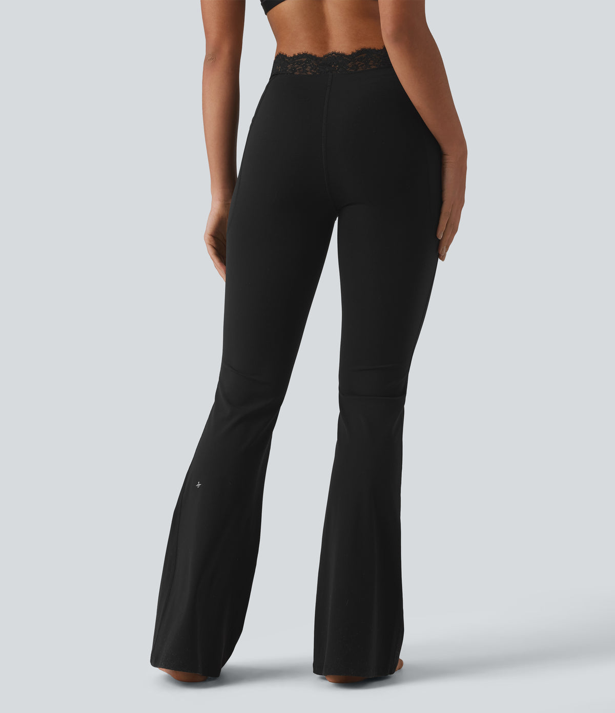V-Shaped High Waisted Contrast Lace Yoga Flare Leggings with Pockets — Black — view 2