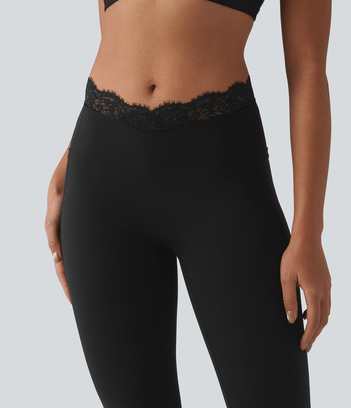 V-Shaped High Waisted Contrast Lace Yoga Flare Leggings with Pockets — Black — view 5