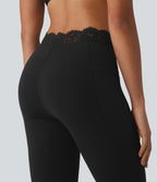 V-Shaped High Waisted Contrast Lace Yoga Flare Leggings with Pockets — Black — view 6