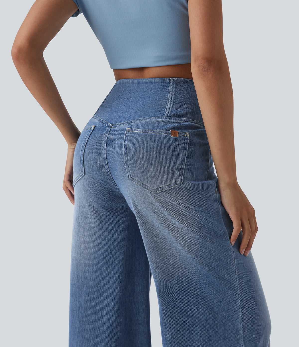 Crossover High Waisted Tummy Control Wide Leg Casual Jeans with Pockets — Blue Jasper Denim — view 4