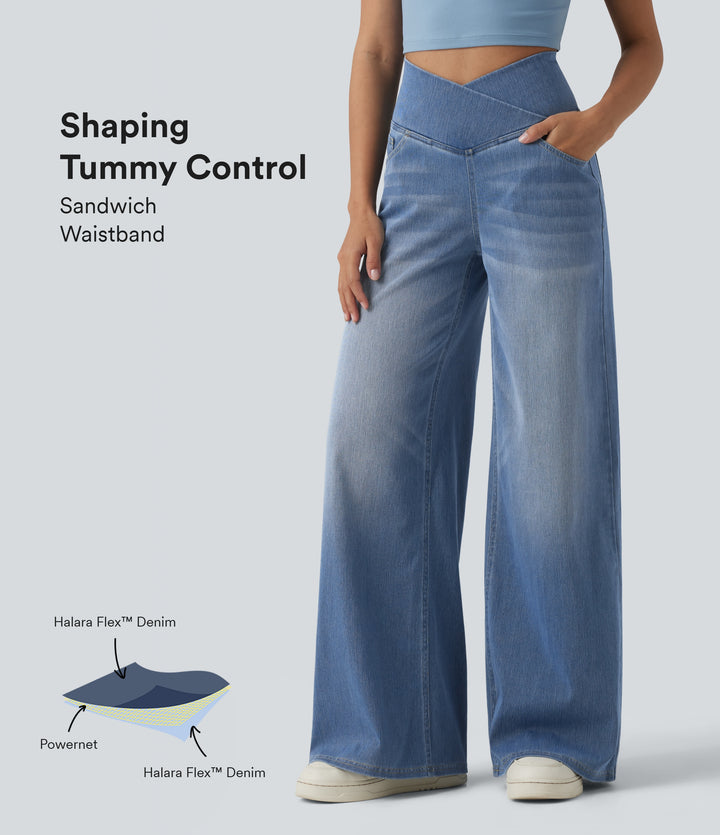 Crossover High Waisted Tummy Control Wide Leg Casual Jeans with Pockets — Blue Jasper Denim — view 1