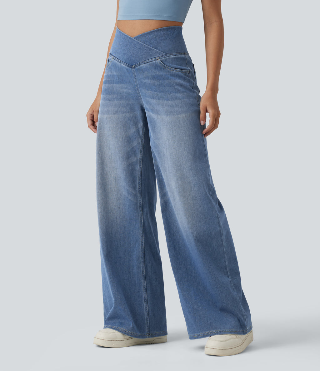 Crossover High Waisted Tummy Control Wide Leg Casual Jeans with Pockets — Blue Jasper Denim — view 3