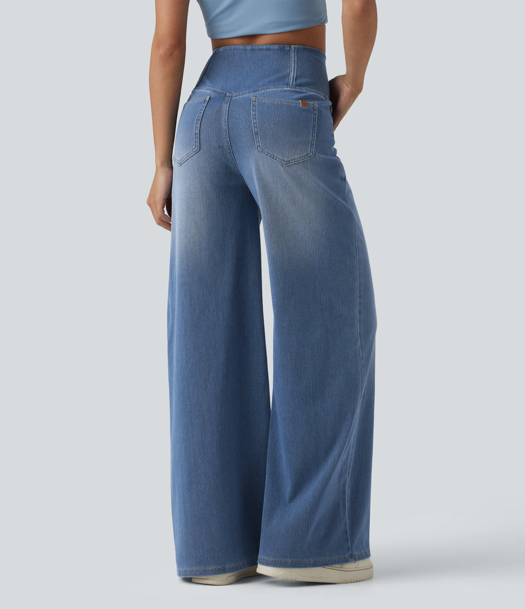Crossover High Waisted Tummy Control Wide Leg Casual Jeans with Pockets — Blue Jasper Denim — view 2