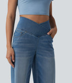 Crossover High Waisted Tummy Control Wide Leg Casual Jeans with Pockets — Blue Jasper Denim — view 5