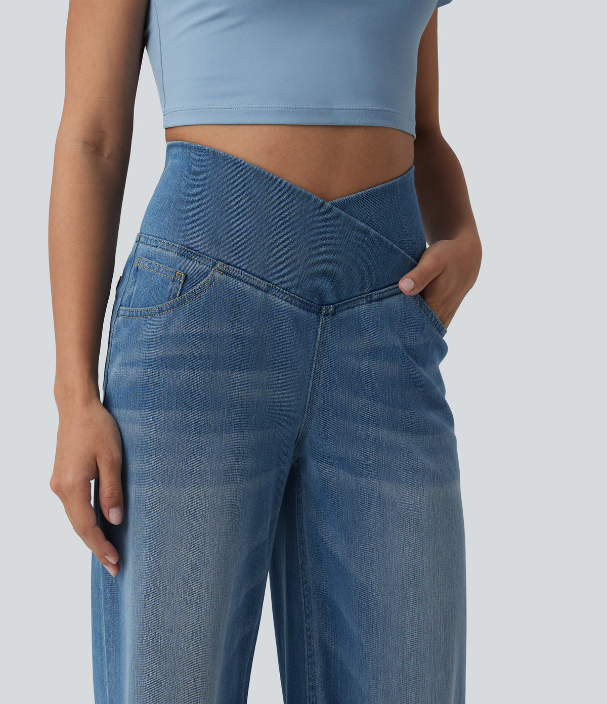 Crossover High Waisted Tummy Control Wide Leg Casual Jeans with Pockets — Blue Jasper Denim — view 5
