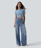 Crossover High Waisted Tummy Control Wide Leg Casual Jeans with Pockets — Blue Jasper Denim — view 6