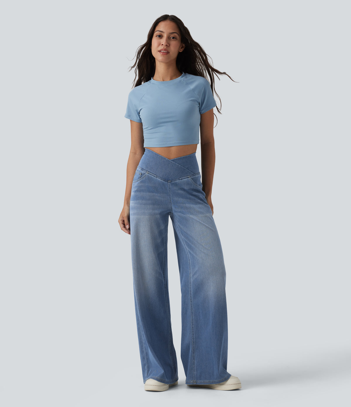 Crossover High Waisted Tummy Control Wide Leg Casual Jeans with Pockets — Blue Jasper Denim — view 6