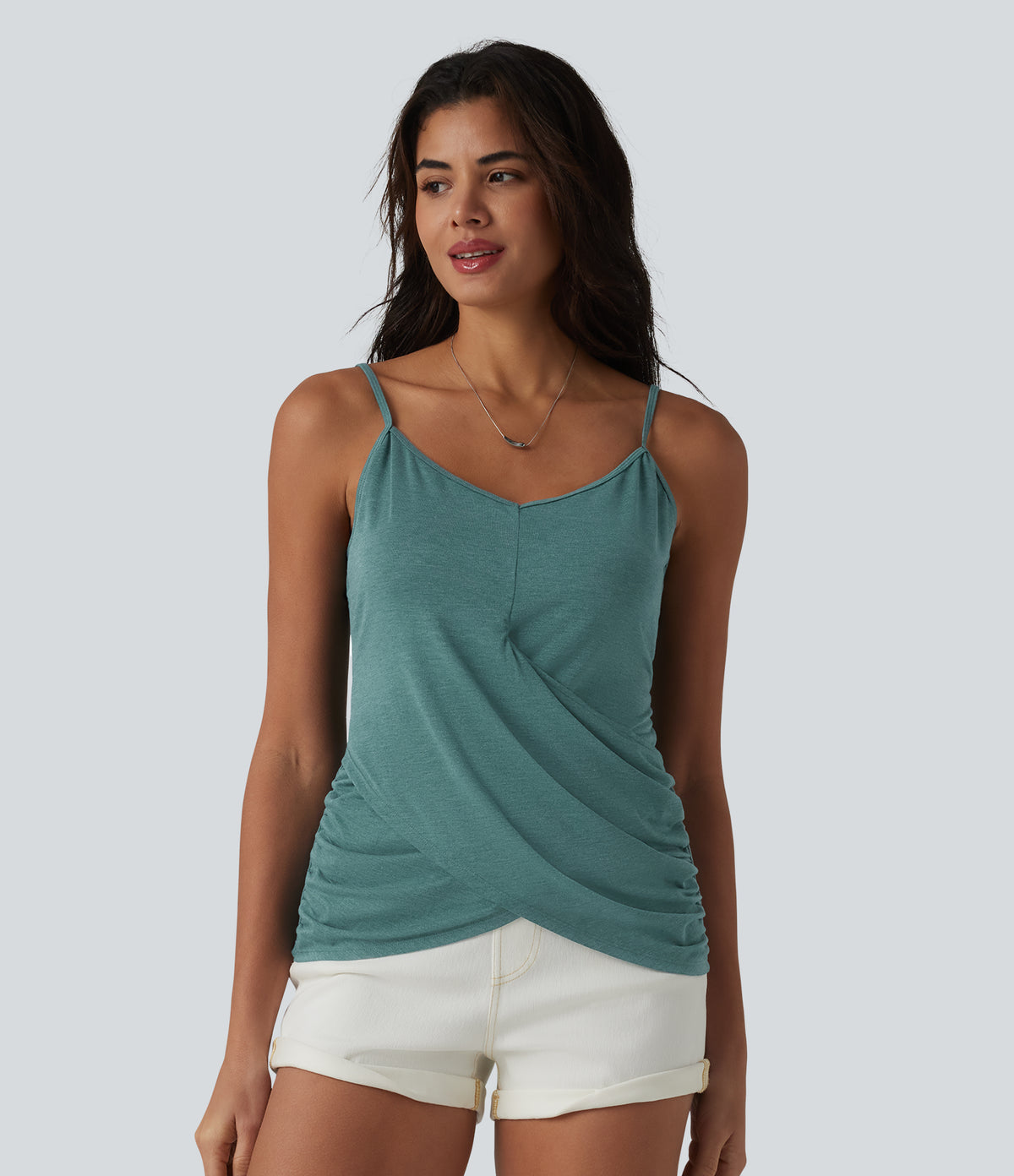 Adjustable Straps Ruched Crossover Hem Casual Heathered Tank Top — Jade Green Floral Yarn — view 3