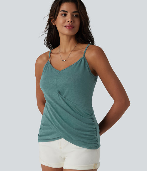 Adjustable Straps Ruched Crossover Hem Casual Heathered Tank Top — Jade Green Floral Yarn — view 1