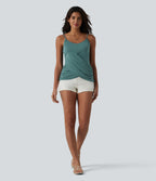 Adjustable Straps Ruched Crossover Hem Casual Heathered Tank Top — Jade Green Floral Yarn — view 6