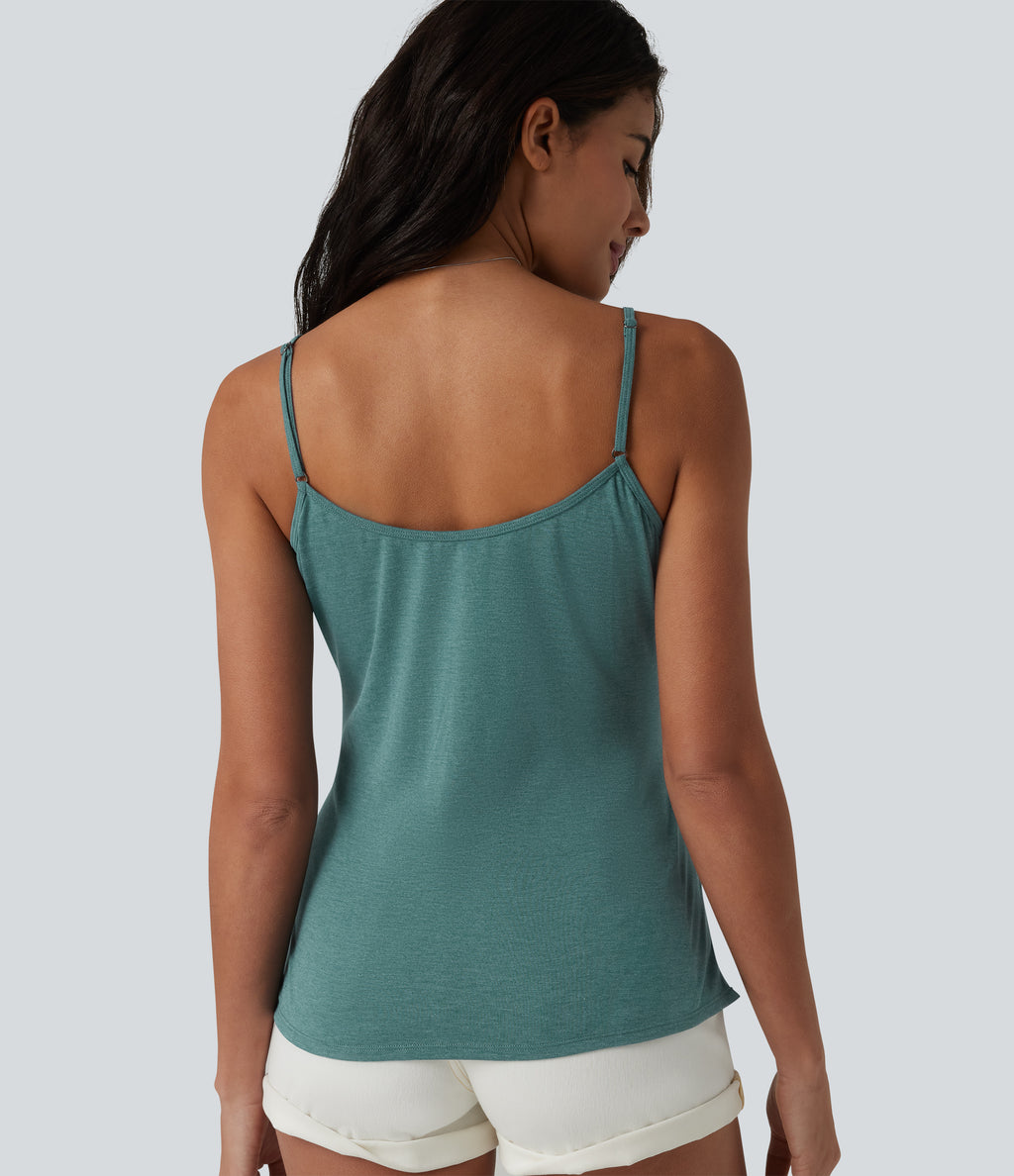 Adjustable Straps Ruched Crossover Hem Casual Heathered Tank Top — Jade Green Floral Yarn — view 5