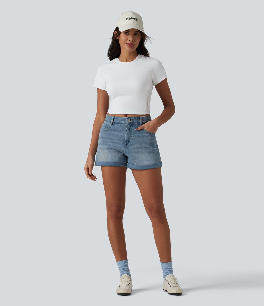 Round Neck Raglan Sleeve Breathable Mesh Casual T-Shirt — White — view 5
