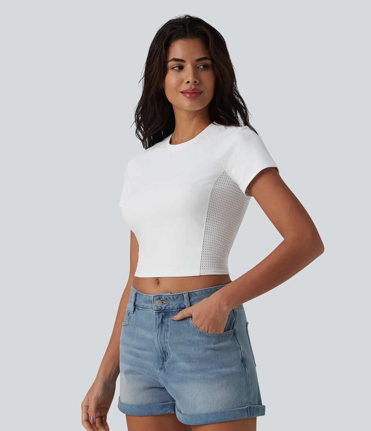 Round Neck Raglan Sleeve Breathable Mesh Casual T-Shirt — White — view 4