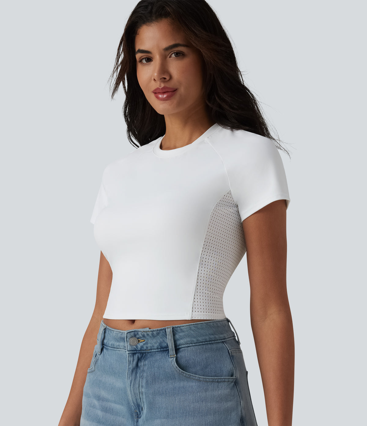 Round Neck Raglan Sleeve Breathable Mesh Casual T-Shirt — White — view 1